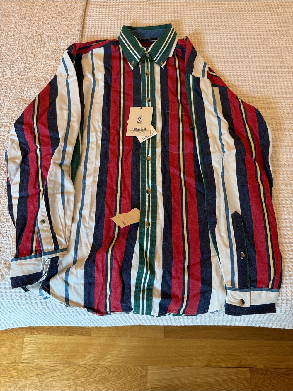 Nautica Vintage Men’s Multi-Stripe Button-Up Shirt in Red, Blue, Green & White